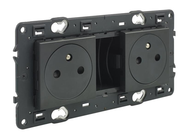 Valena 2 x 2-polige + T-aansluiting, voorgemonteerd inbouwstopcontact, complete unit, zwart, schroefbevestiging