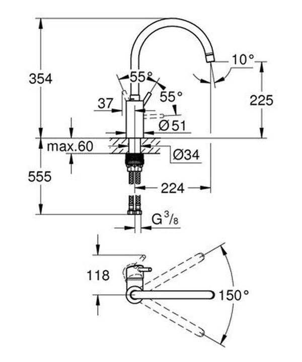 Grohe Concetto hoge uitloop mengkraan met één gat en draaibare uitloop, chroom afwerking
