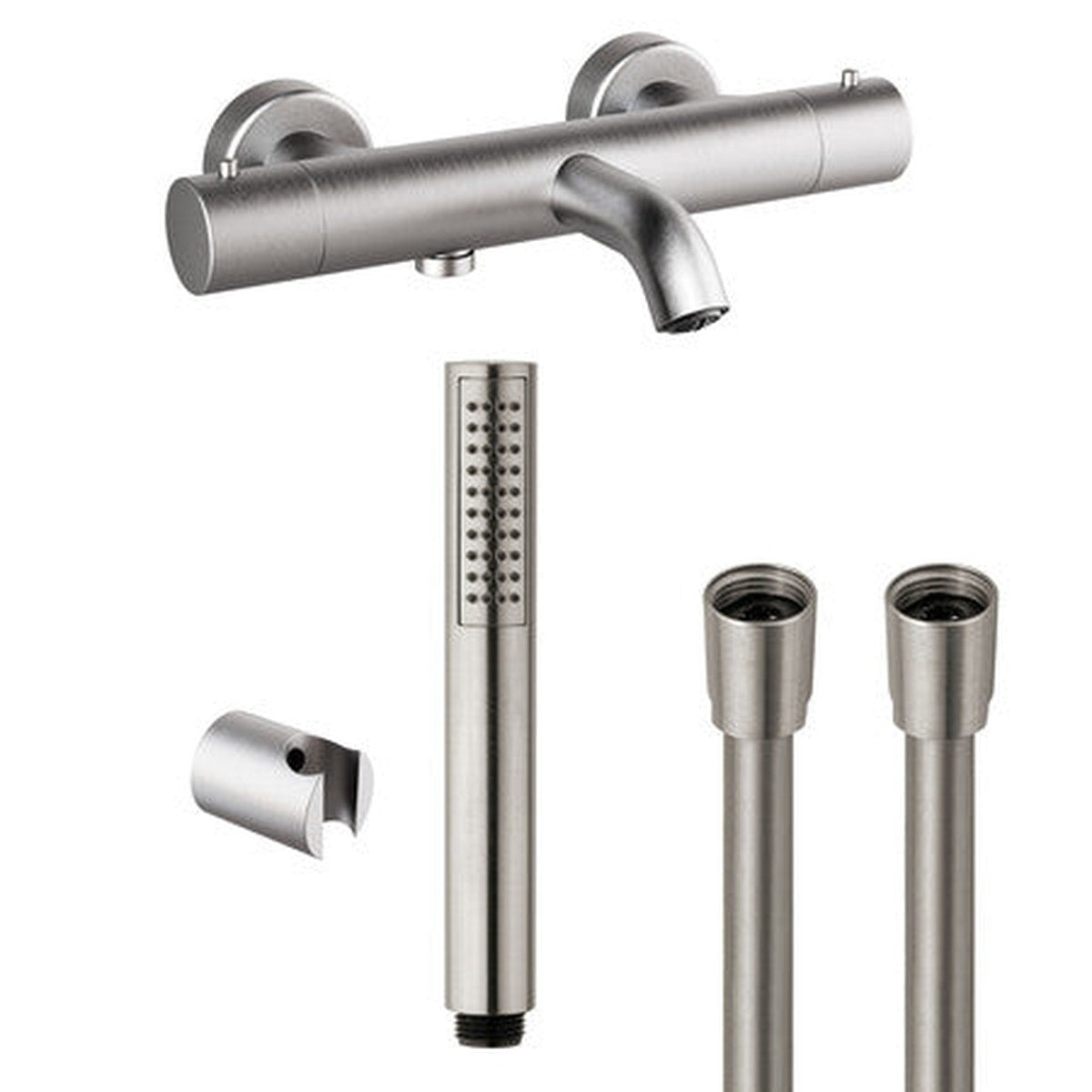 Van Marcke Nero II Thermostatic Bath Mixer Set with 1-Spray Anti-Scale Hand Shower and Fixed Wall Bracket Brushed Nickel