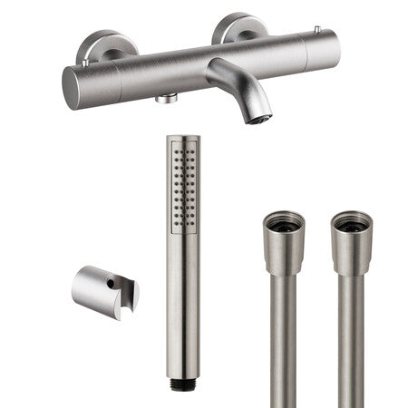 Van Marcke Nero II Thermostatic Bath Mixer Set with 1-Spray Anti-Scale Hand Shower and Fixed Wall Bracket Brushed Nickel