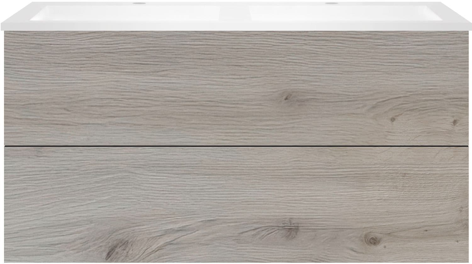 SOUS MEUBLE COFFEE 2 TIROIR 120 DUO CHENE ARGENT + LAVABO DOUBLE EN MARBRE SYNTHETIQUE BLANC