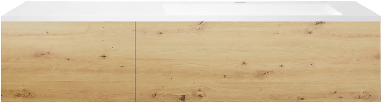 SOUS MEUBLE COFFEE 2 TIROIRS 140 CHENE DECOR URBAN+LAVABO EN MARBRE SYNTHETIQUE DROITE BLANC MAT