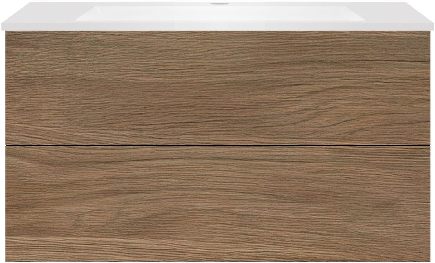 SOUS MEUBLE COFFEE 2 TIROIRS 100 CHENE CARAMELLE+LAVABO EN MARBRE SYNTHETIQUE BLANC