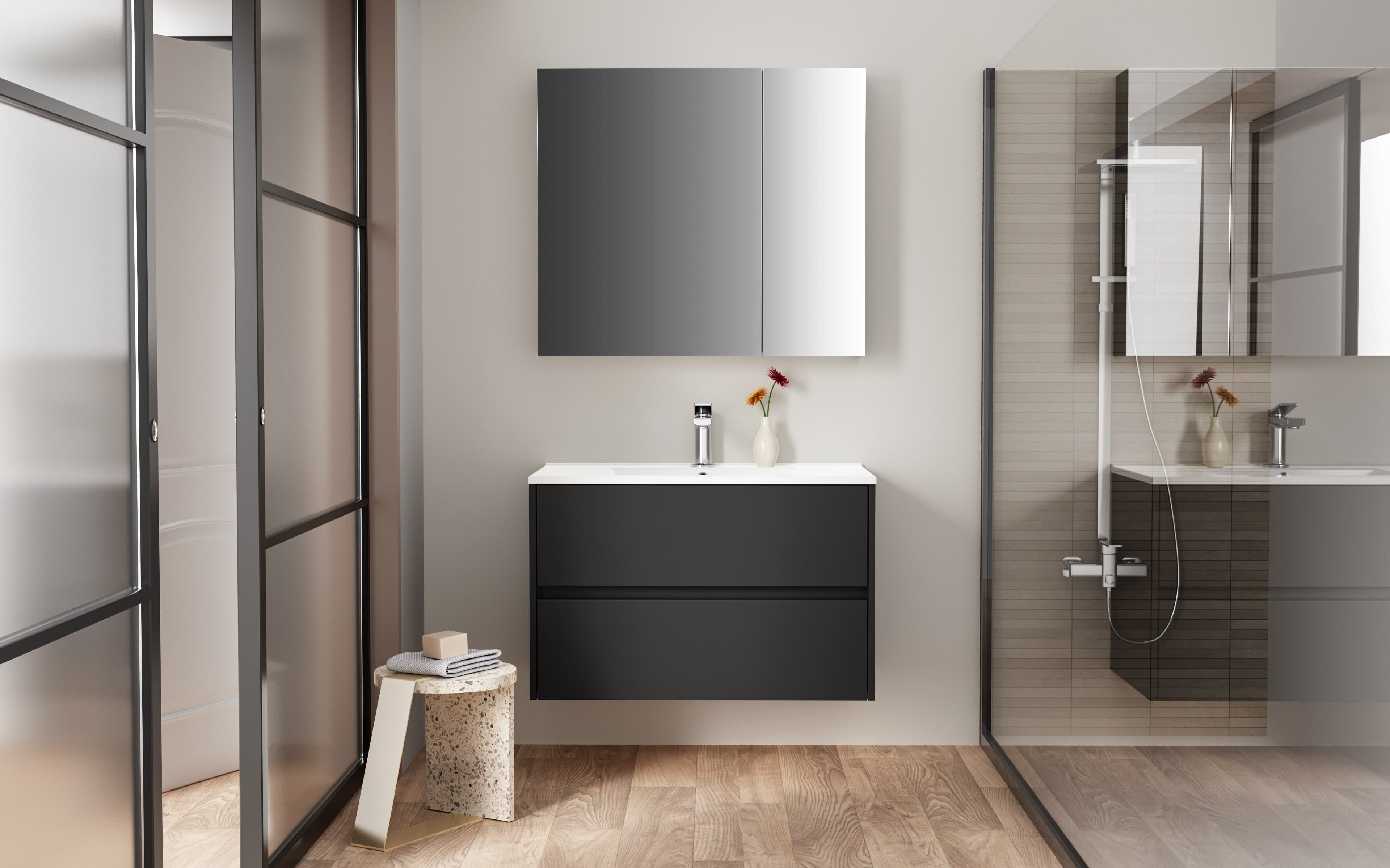 HAYAT ARMOIRE MIROIR - 2 PORTES MIROIRS ASYMÉTRIQUES, À UN SEUL CÔTÉ - 4 ÉTAGÈRES RÉGLABLES EN HAUTEUR - 80X70X15 CM - NOIR MAT