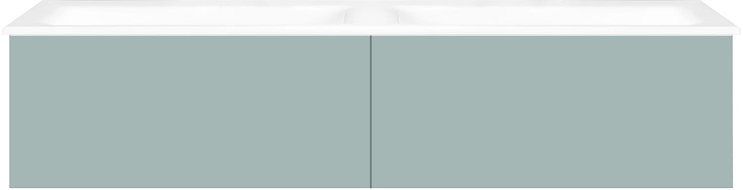 SOUS MEUBLE COFFEE 2 TIROIRS 140 DUO BLEU AZUR DOUX MAT+DOUBLE LAVABO PORCEL.SNS TROU ROBINET BLANC
