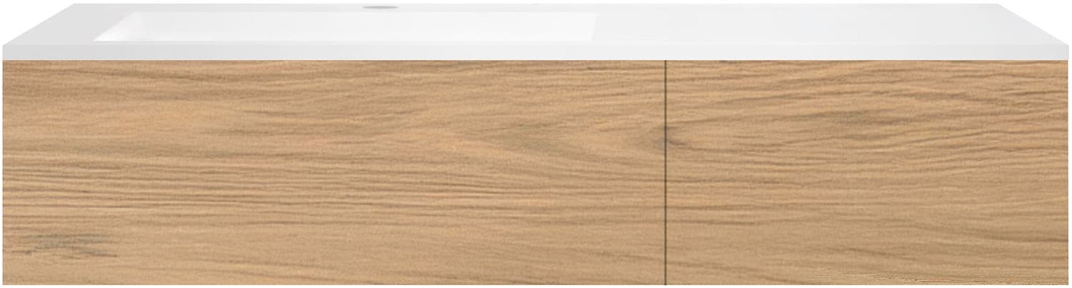 SOUS MEUBLE COFFEE 2 TIROIRS 140 CHENE CLASSIQUE+LAVABO EN MARBRE SYNTHETIQUE GAUCHE BLANC MAT