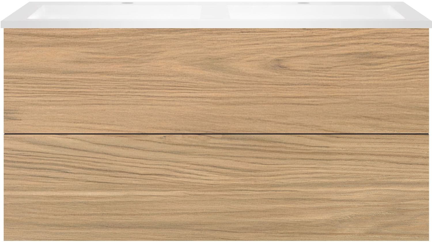 SOUS MEUBLE COFFEE 2 TIROIR 120 DUO CHENE CLASSIQUE + LAVABO DOUBLE EN MARBRE SYNTHETIQUE BLANC