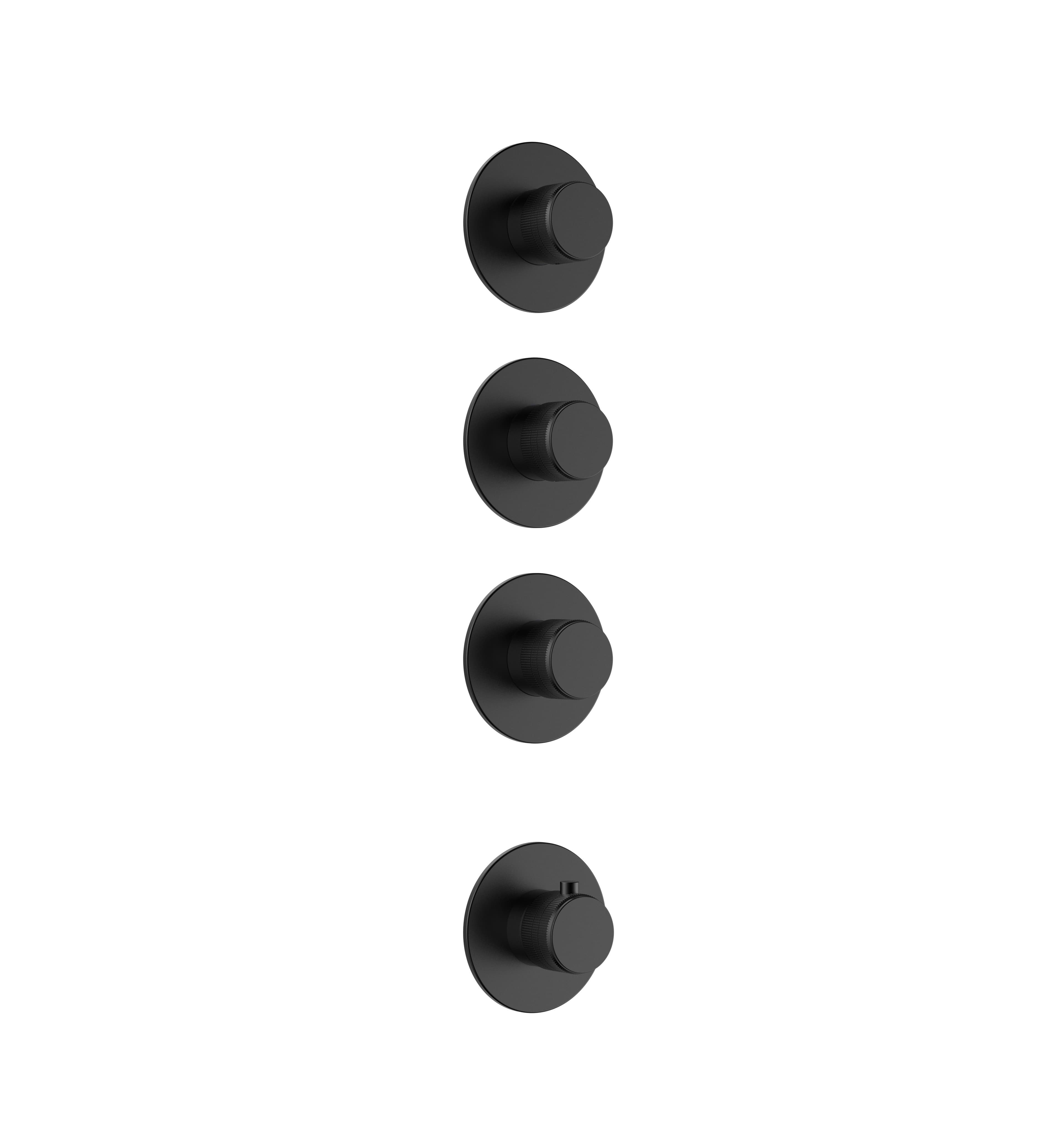 STRIA ÉLÉMENT DE FINITION POUR MITIGEUR DE DOUCHE – 3 VOIES AVEC 3 ROBINETS D’ARRÊT – THERMOSTATIQUE – ENCASTRÉ – RONDE – BOUTONS S AVEC STRUCTURE STRIÉE RAFFINÉE – NOIR MAT (PVD)