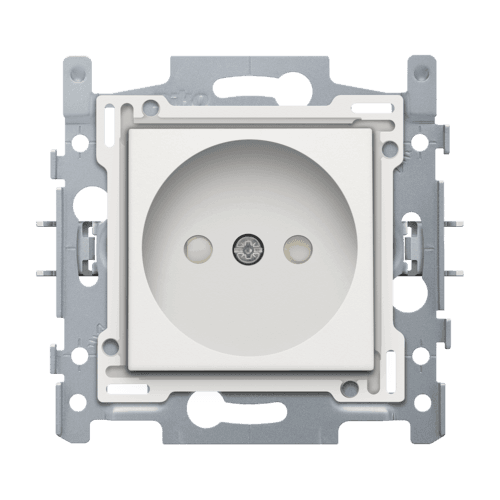 Prise de courant sans terre, avec obturateurs de protection, profondeur d’encastrement de 21 mm, socle avec bornes à vis et set de finition, fixation par griffes, couleur white
