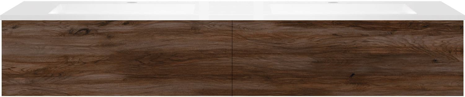 SOUS MEUBLE COFFEE 2 TIROIRS 180 DUO NOYER VELOURS +DOUBLE LAVABO EN MARBRE SYNTHETIQUE BLANC MAT