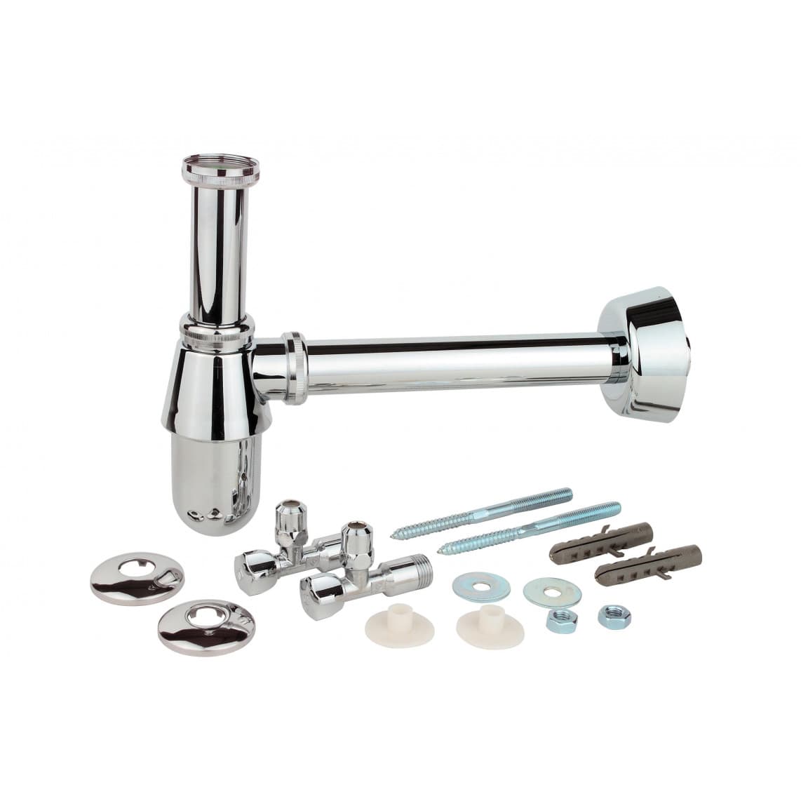 98800004 lavabo-siphon à bouteille-Set, chromé, 1 1/4" x 32 mm, avec fixation, avec 2x robinet d'équerre