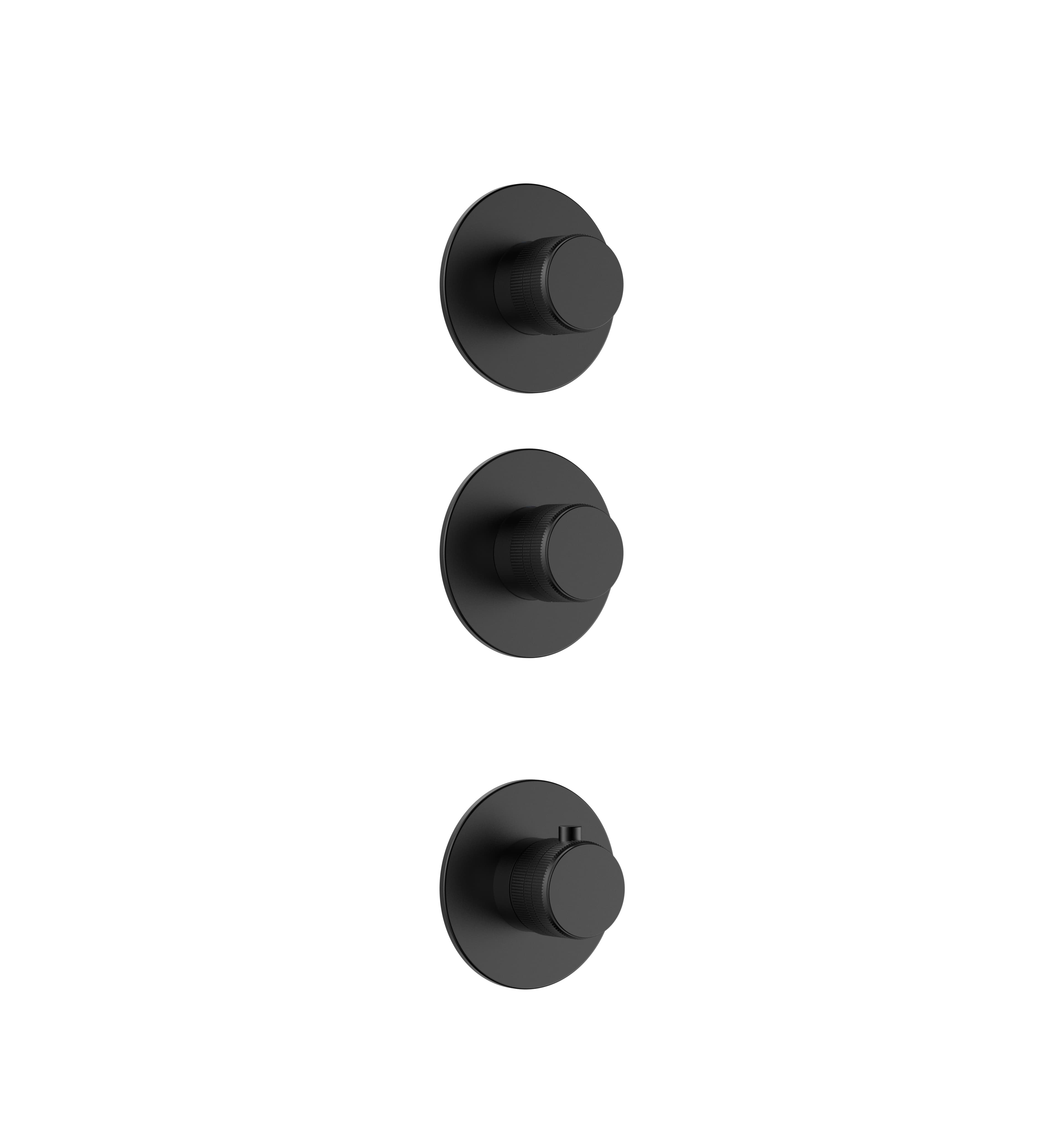 STRIA ÉLÉMENT DE FINITION POUR MITIGEUR DE DOUCHE – 2 VOIES AVEC 2 ROBINETS D’ARRÊT – THERMOSTATIQUE – ENCASTRÉ – RONDE – BOUTONS S AVEC STRUCTURE STRIÉE RAFFINÉE – NOIR MAT (PVD)
