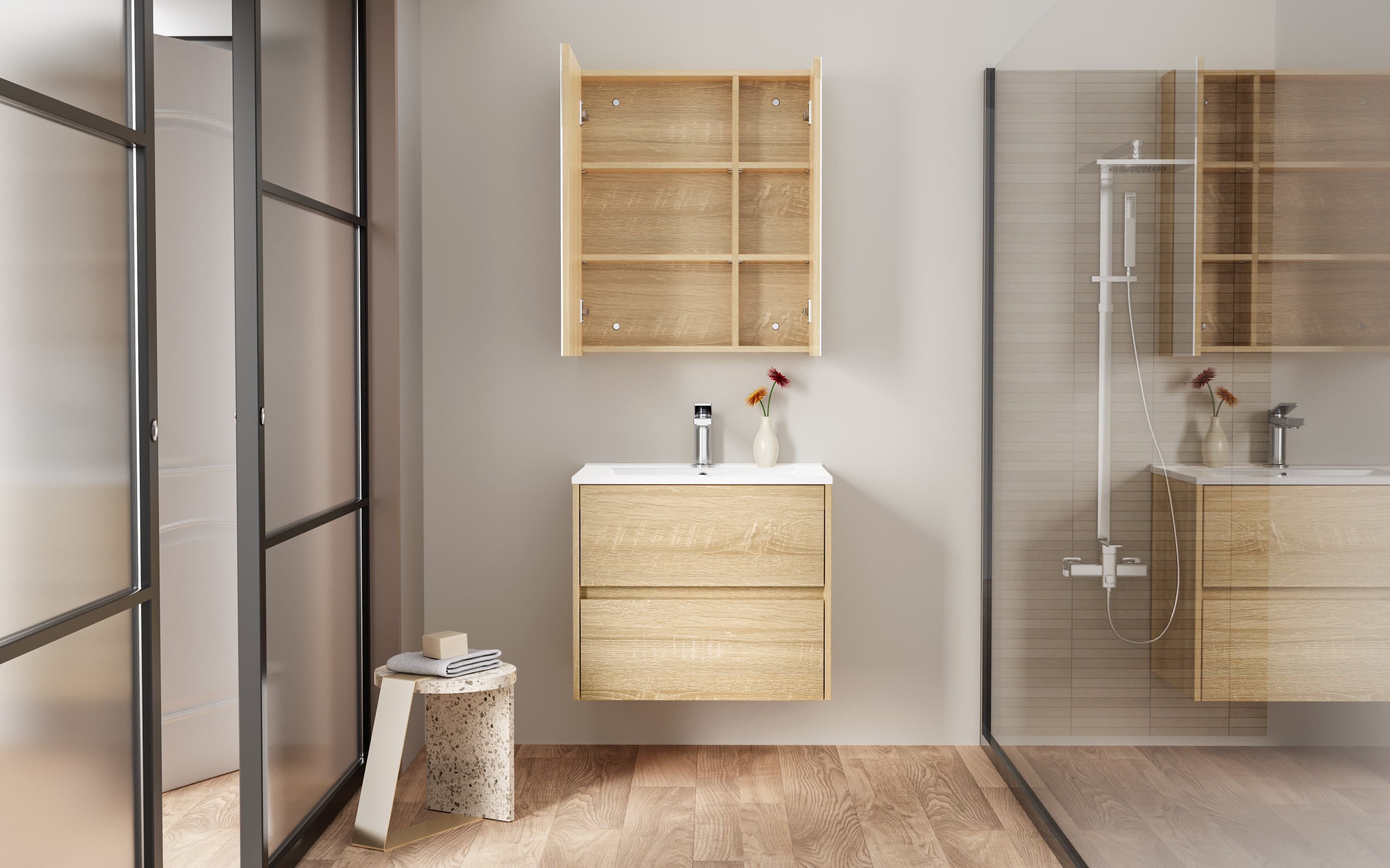ALONI HAYAT MEUBLE SOUS-VASQUE - 2 TIROIRS - SANS POIGNEE - SOFT CLOSE – 59,5X50X45 CM - CHÊNE