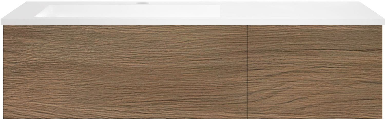 SOUS MEUBLE COFFEE 2 TIROIRS 120 CHENE CARAMELLE+LAVABO GAUCHE EN MARBRE SYNTHETIQUE BLANC MAT