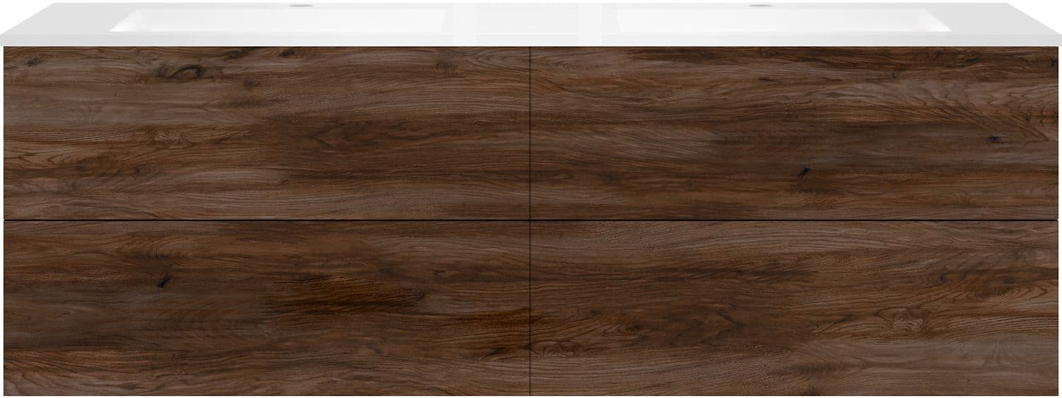 SOUS MEUBLE COFFEE 4 TIROIRS 180 DUO NOYER VELOURS +DOUBLE LAVABO EN MARBRE SYNTHETIQUE BLANC