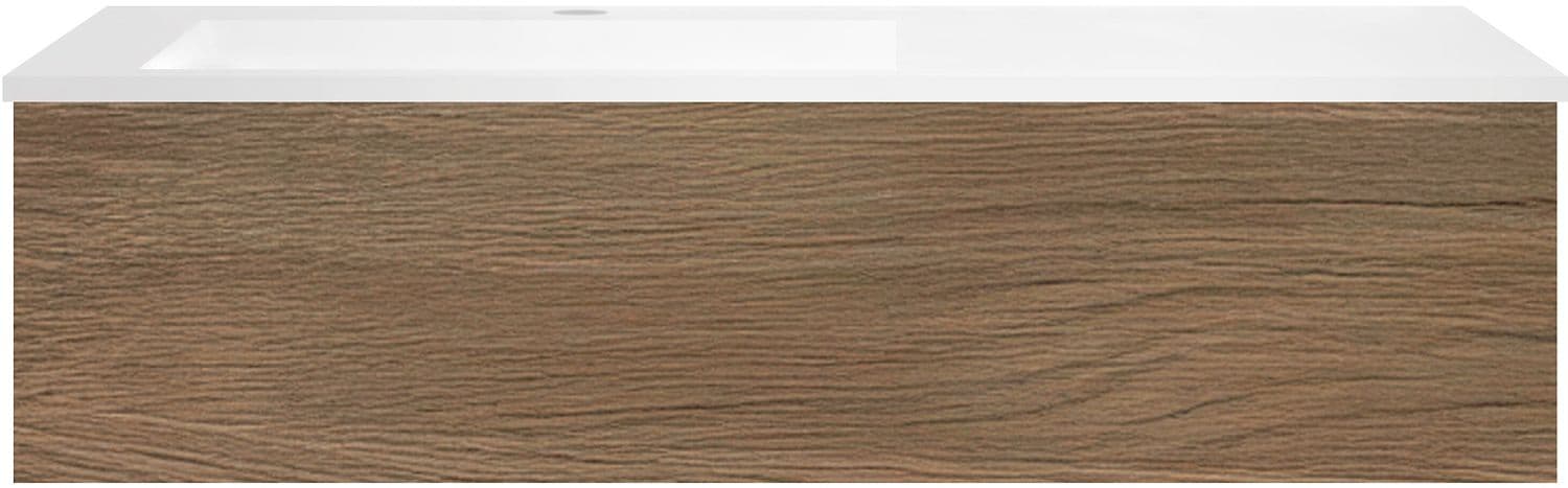 SOUS MEUBLE COFFEE 1 TIROIR 120 CHENE CARAMELLE+LAVABO EN MARBRE SYNTHETIQUE GAUCHE BLANC MAT
