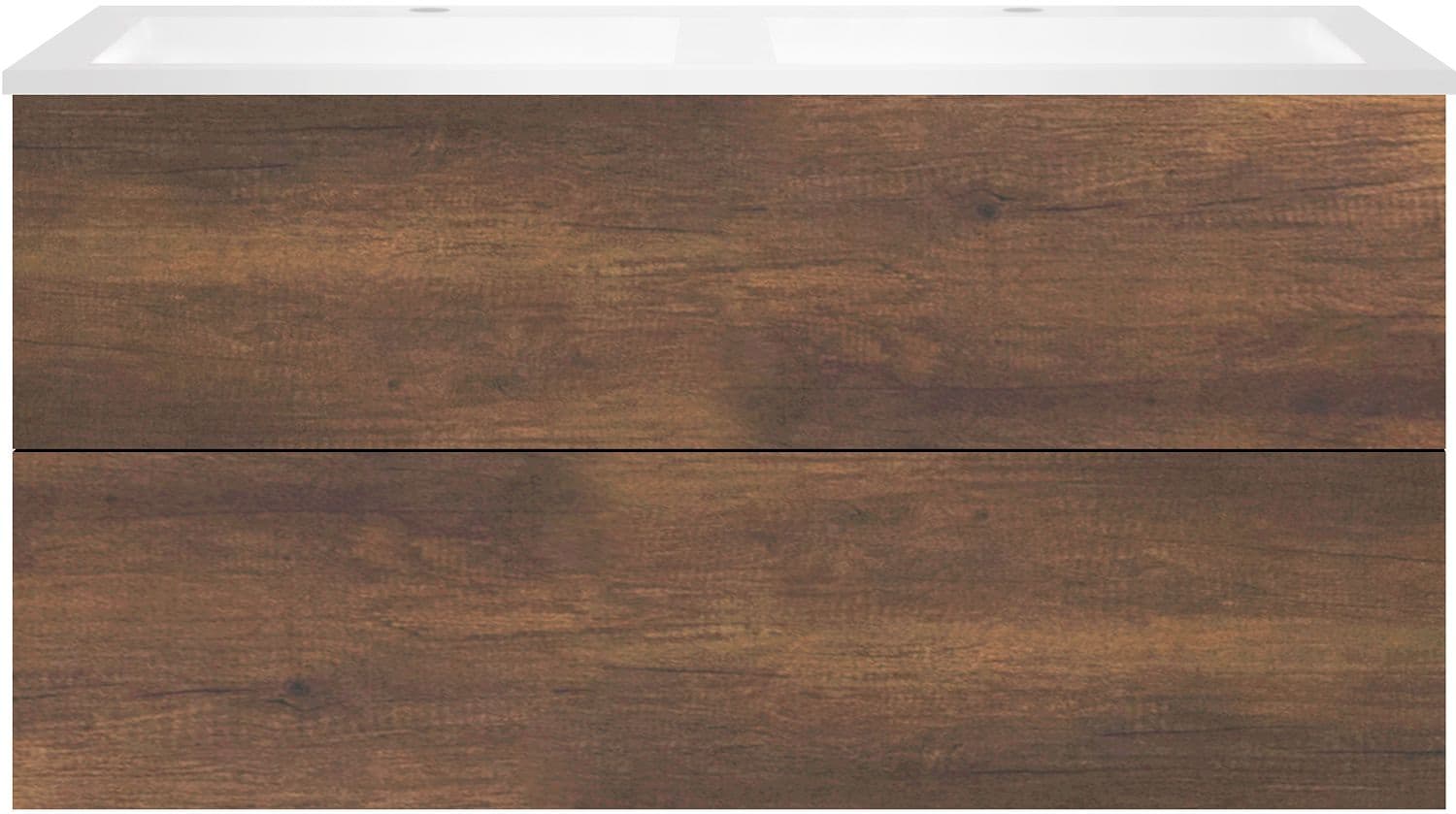 SOUS MEUBLE COFFEE 2 TIROIR 120 DUO CHENE ROUILLE + LAVABO DOUBLE EN MARBRE SYNTHETIQUE BLANC MAT