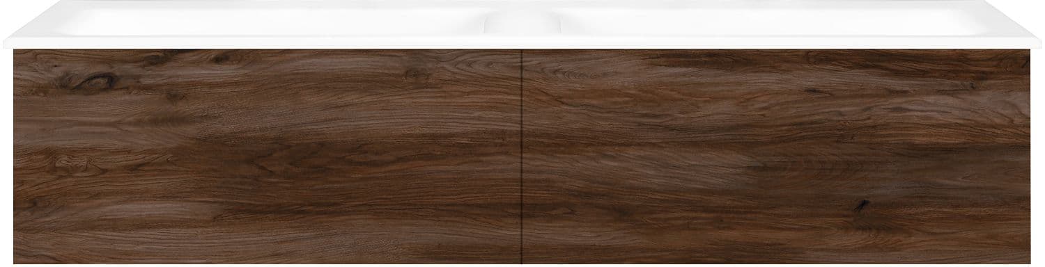 SOUS MEUBLE COFFEE 2 TIROIRS 140 DUO NOYER DECOR VELOURS+DOUBLE LAVABO PORCEL.SNS TROU ROBINET BLANC