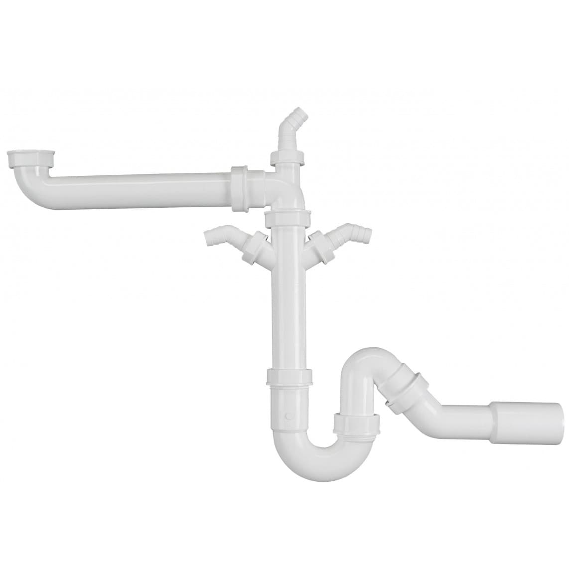 98833748 KS siphon tubulaire gain de place pour évier, blanc, 1 1/2" F x 40/50 mm, avec 3x 3/4" Raccordement de l'appareil