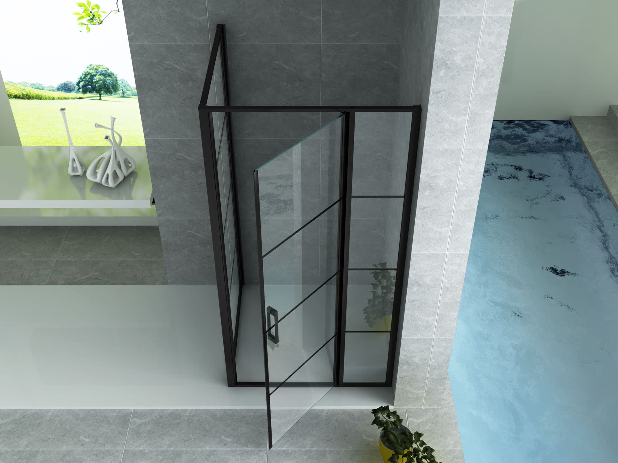 ALONI CABINE DE DOUCHE – PORTE PIVOTANTE ET PAROI LATÉRALE - 900X1200X2000MM - NOIR MAT-VERRE CLAIR