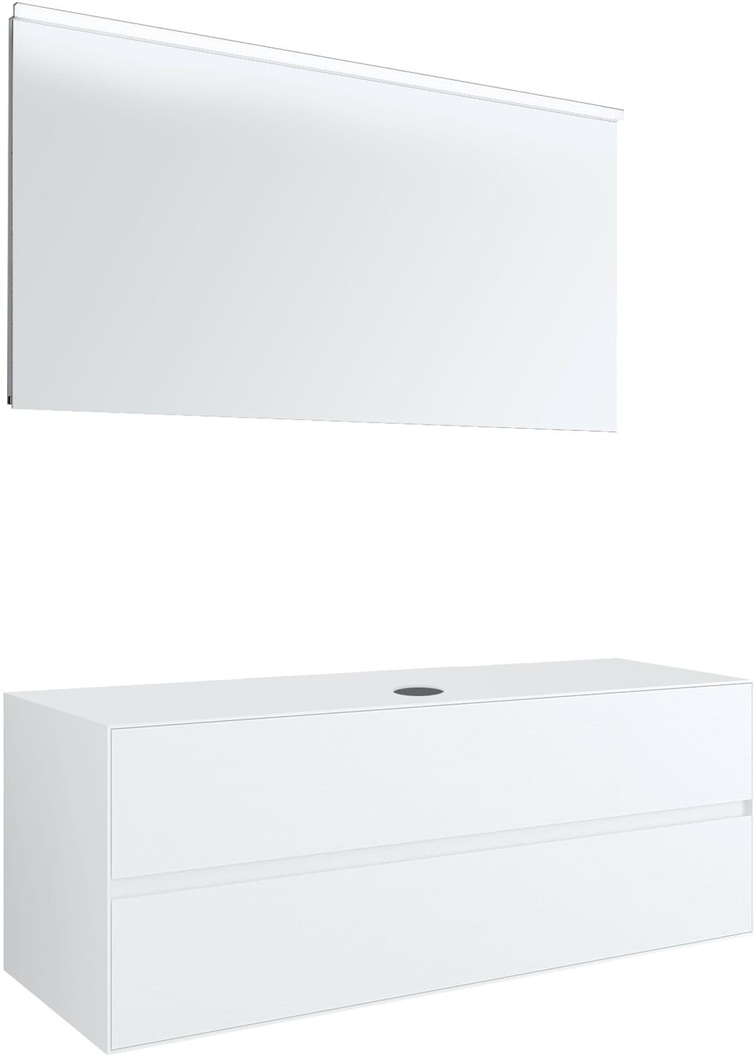 MEUBLE 2 TIROIRS+ TABLET POUR LAVABO A POSER CENTRAL TENSO 140CM SANS TROU ROBINET BLANC AVEC MIROIR