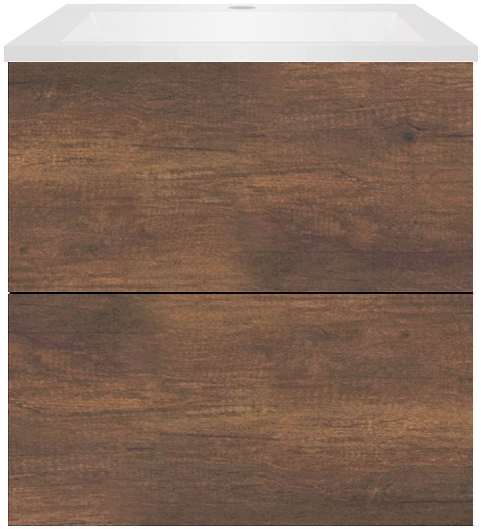 SOUS MEUBLE COFFEE 2 TIROIRS 60 CHENE ROUILLE+LAVABO EN MARBRE SYNTHETIQUE BLANC