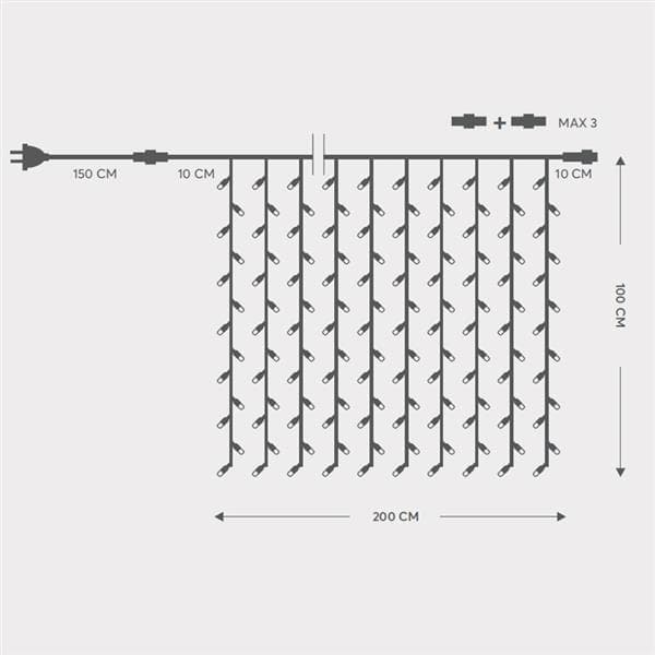 Rideau, 200 Led 5mm clignote, 230V, jusque 5 connecteurs, fil Vert, Blanc chaud (h100 x w200cm, 20 g