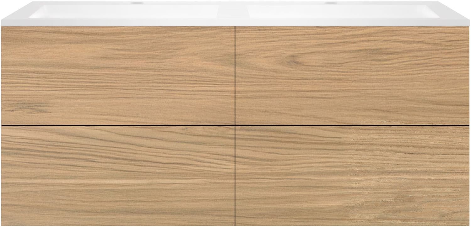 SOUS MEUBLE COFFEE 4 TIROIRS 140 DUO CHENE CLASSIQUE +DOUBLE LAVABO EN MARBRE SYNTHETIQUE BLANC