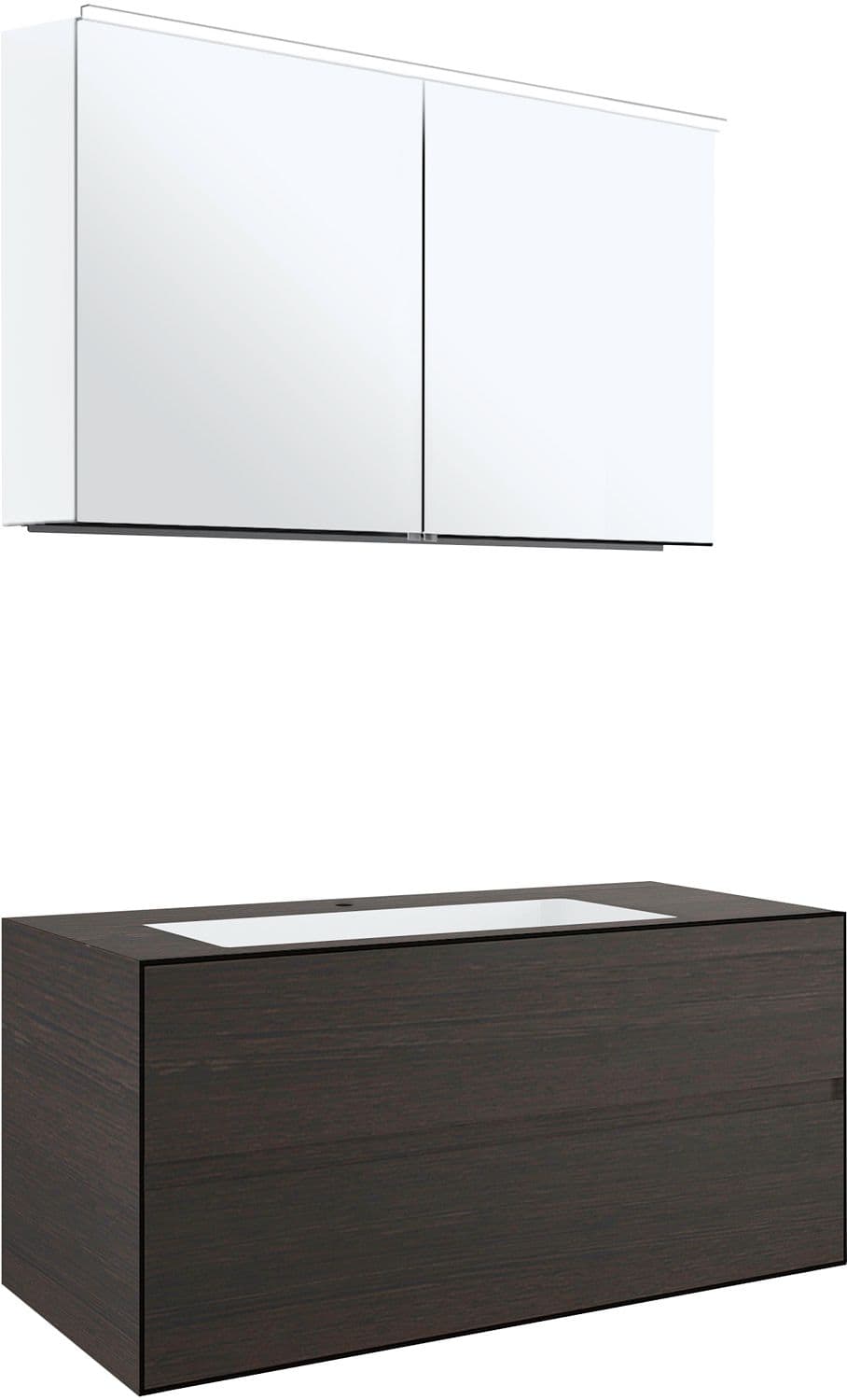 MEUBLE 2 TIROIRS+ LAVABO SOUS ENCASTRER CENTRAL TENSO 120CM +TROU ROBINET WENGE AVEC ARMOIRE TOILETTE
