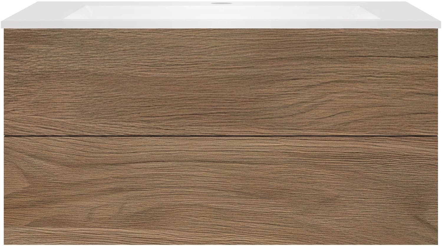 SOUS MEUBLE COFFEE 2 TIROIRS 120 CHENE CARAMELLE+LAVABO EN MARBRE SYNTHETIQUE BLANC MAT