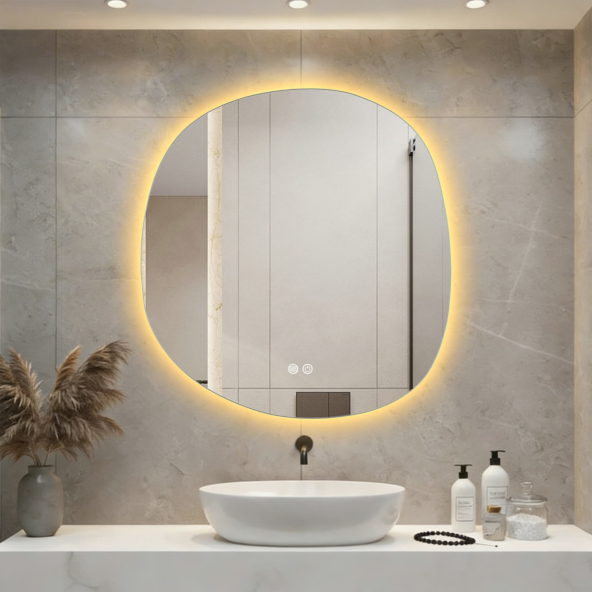ALONI PEBBLE MIROIR - AVEC ÉCLAIRAGE LED - FORME ORGANIQUE - SANS CADRE - ANTI-BUÉE - TEMPÉRATURE DE COULEUR LED 3000-6000K - DIMMABLE - 80X85CM