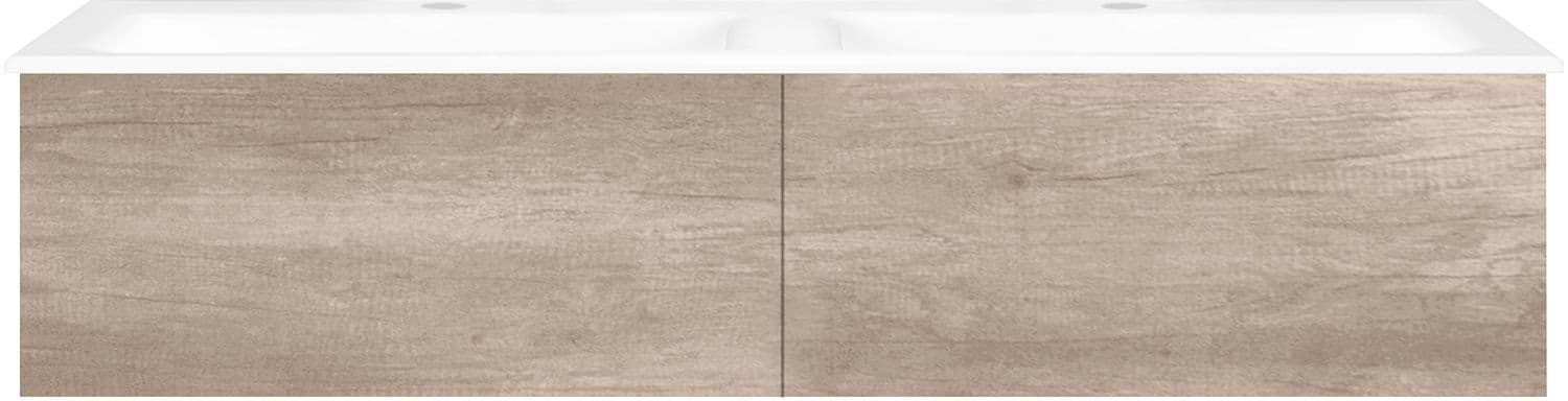 SOUS MEUBLE COFFEE 2 TIROIRS 140 DUO CHENE DECOR FLANELLE +DOUBLE LAVABO PORCELAINE BLANC