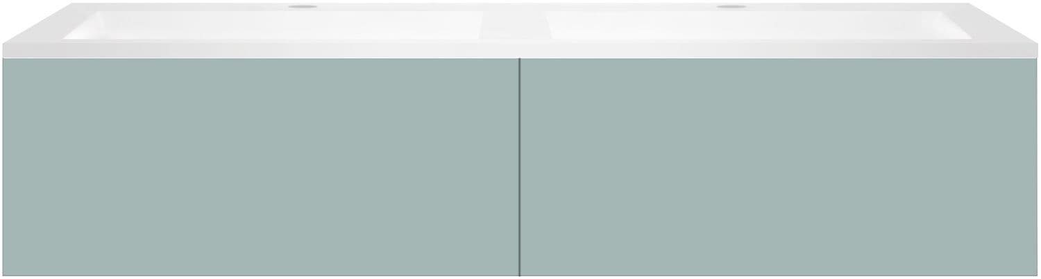 SOUS MEUBLE COFFEE 2 TIROIRS 140 DUO BLEU AZUR DOUX MAT +DOUBLE LAVABO EN MARBRE SYNTHETIQUE BLANC MAT