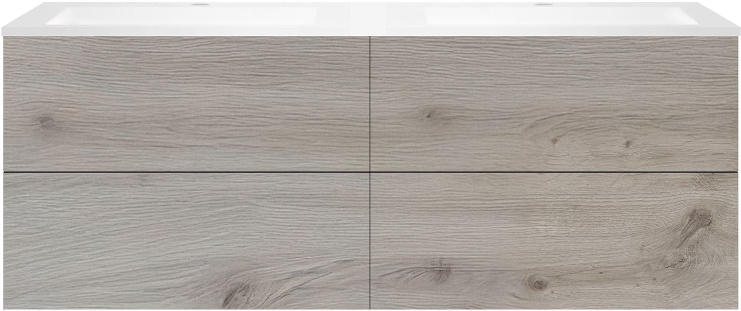 SOUS MEUBLE COFFEE 4 TIROIRS 160 DUO CHENE ARGENT +DOUBLE LAVABO EN MARBRE SYNTHETIQUE BLANC