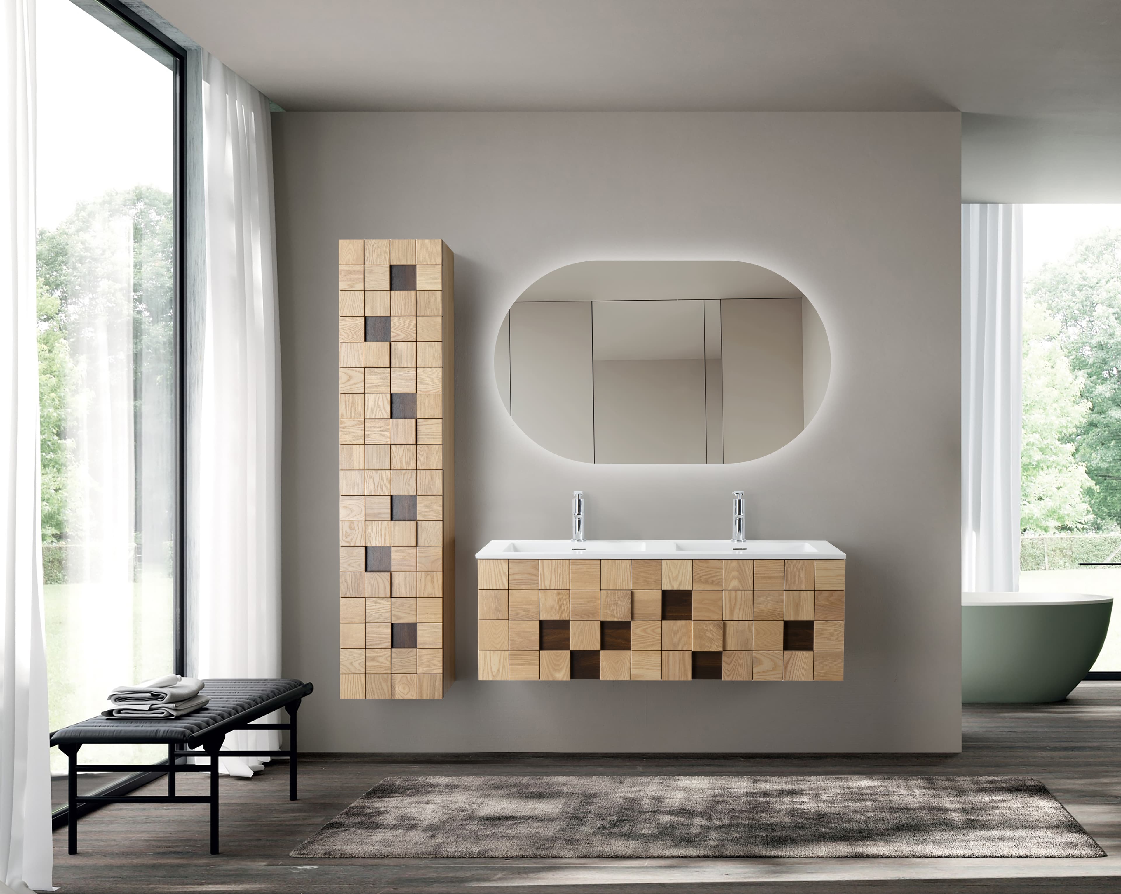 WONDA ROUND SLIM LAVABO - 1 VASQUE - AVEC TROP-PLEIN - 2 TROUS ROBINET - MARBRE COMPOSITE - 120X1,6X52,5 CM - BLANC MAT