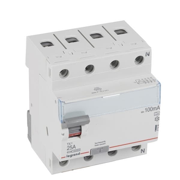 Interrupteur différentiel TX³ 4 pôles 100mA 25A type A - 4 modules