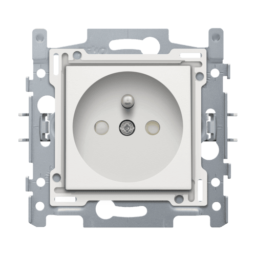 Prise de courant avec broche de terre et obturateurs de protection, profondeur d’encastrement de 28,5 mm, socle avec bornes à vis et set de finition, fixation par griffes, couleur white