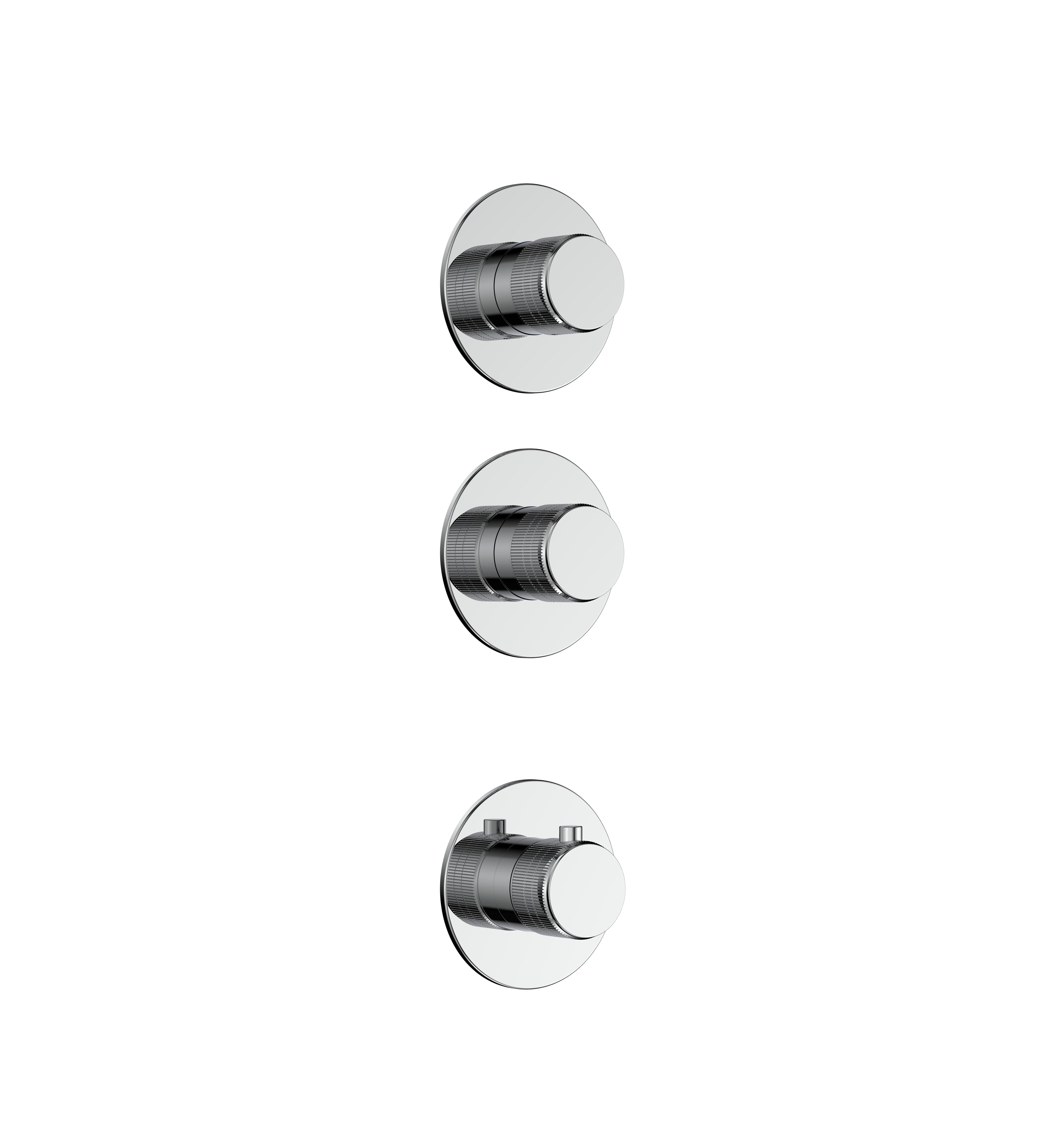 STRIA ÉLÉMENT DE FINITION POUR MITIGEUR DE DOUCHE – 2 VOIES AVEC 2 ROBINETS D’ARRÊT – THERMOSTATIQUE – ENCASTRÉ – RONDE – BOUTONS S AVEC STRUCTURE STRIÉE RAFFINÉE – CHROME