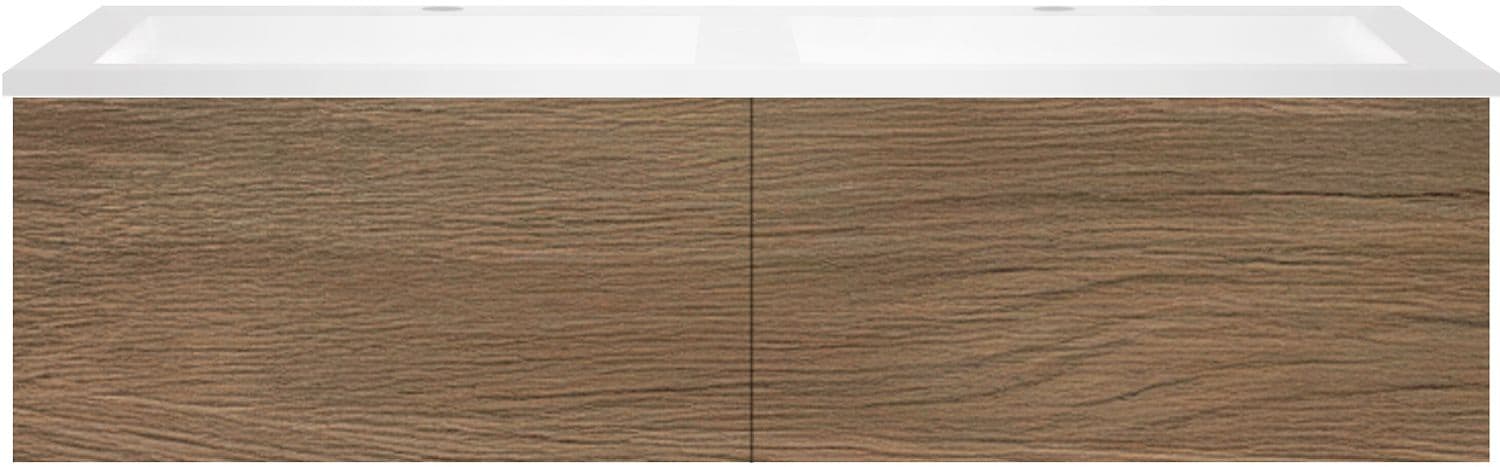 SOUS MEUBLE COFFEE 2 TIROIRS 120 CHENE CARAMELLE +DOUBLE LAVABO EN MARBRE SYNTHETIQUE BLANC