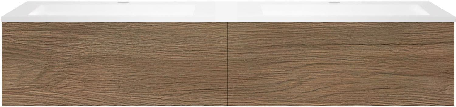 SOUS MEUBLE COFFEE 2 TIROIRS 160 CHENE CARAMELLE +DOUBLE LAVABO EN MARBRE SYNTHETIQUE BLANC MAT