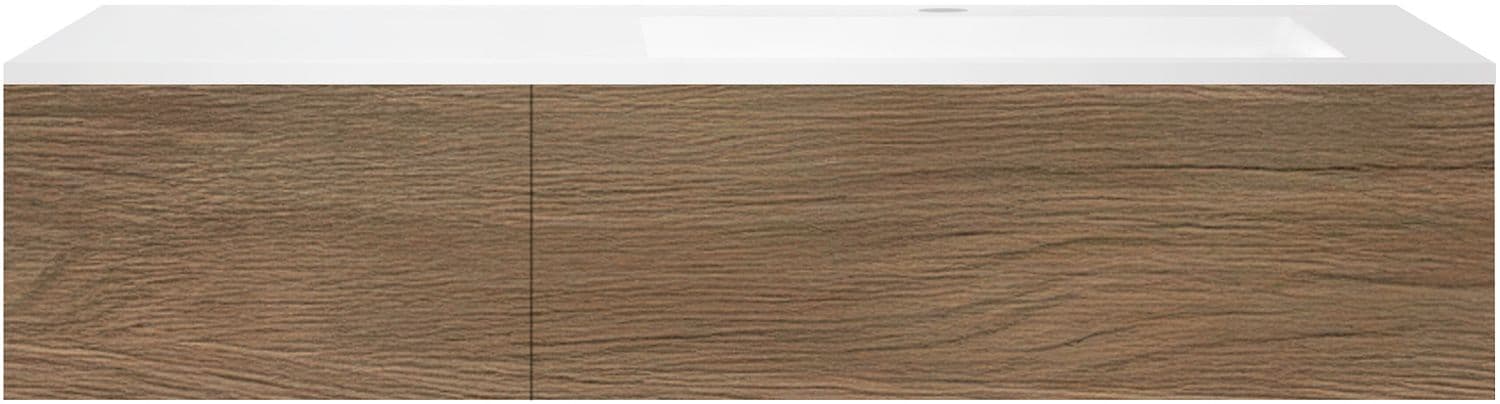 SOUS MEUBLE COFFEE 1 TIROIR 140 CHENE CARAMELLE+LAVABO EN MARBRE SYNTHETIQUE GAUCHE BLANC MAT