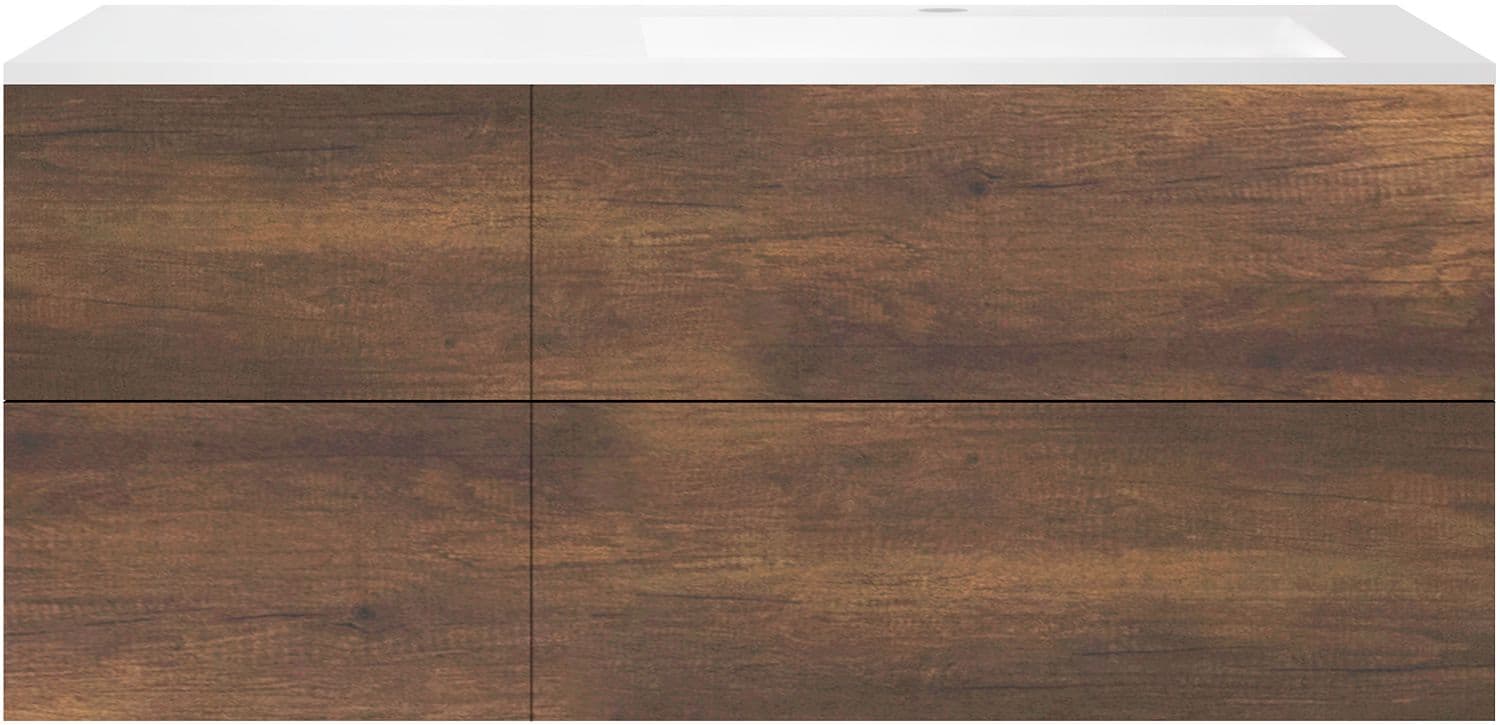 SOUS MEUBLE COFFEE 4 TIROIRS 140 CHENE ROUILLE+LAVABO DROITE EN MARBRE SYNTHETIQUE BLANC MAT