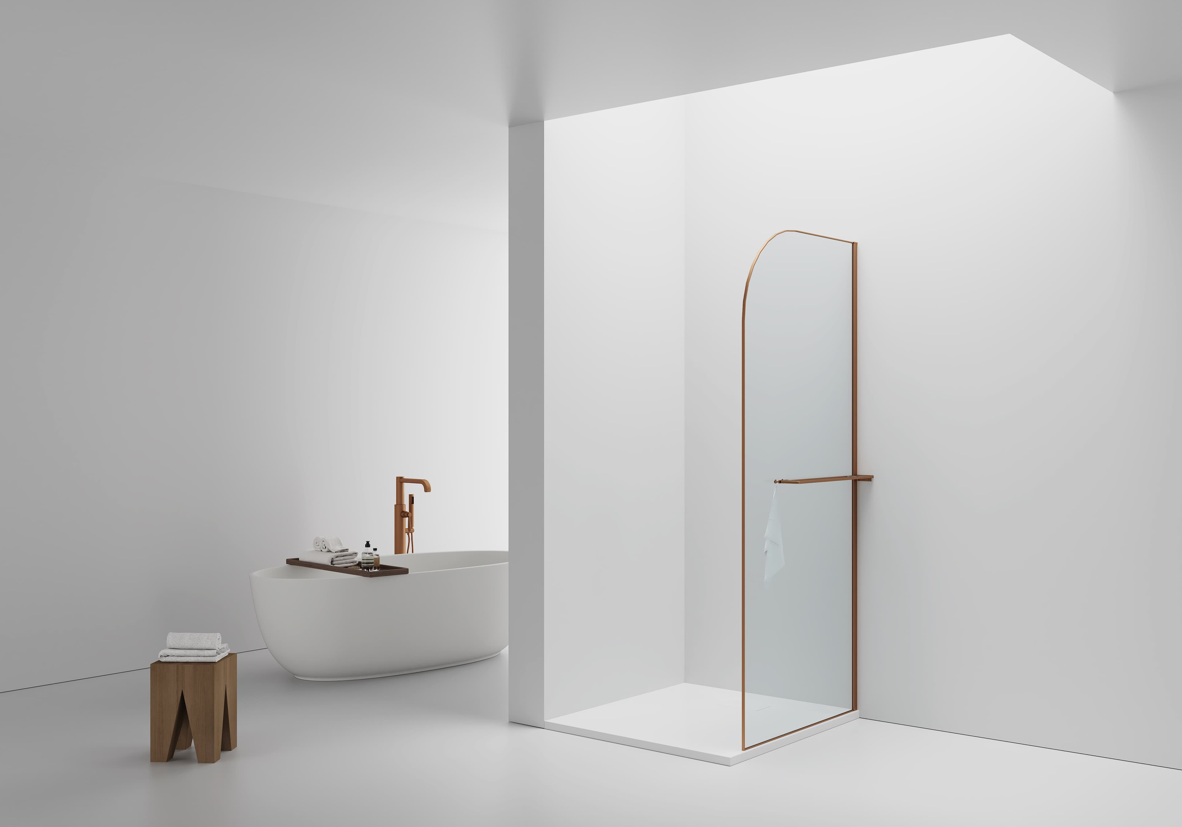 CURVY DOUCHE À L'ITALIENNE AVEC PORTE-SERVIETTE - COURBÉE - TRAITEMENT ANTI-CALCAIRE - RÉVERSIBLE - VERRE DE SÉCURITÉ 8MM - 100X200CM - CUIVRE BROSSÉ - VERRE CLAIR