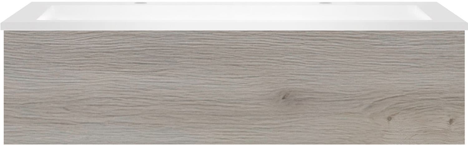 SOUS MEUBLE COFFEE 1 TIROIR 120 CHENE ARGENT + LAVABO 2 TROUS ROBINET EN MARBRE SYNTHETIQUE BL.M