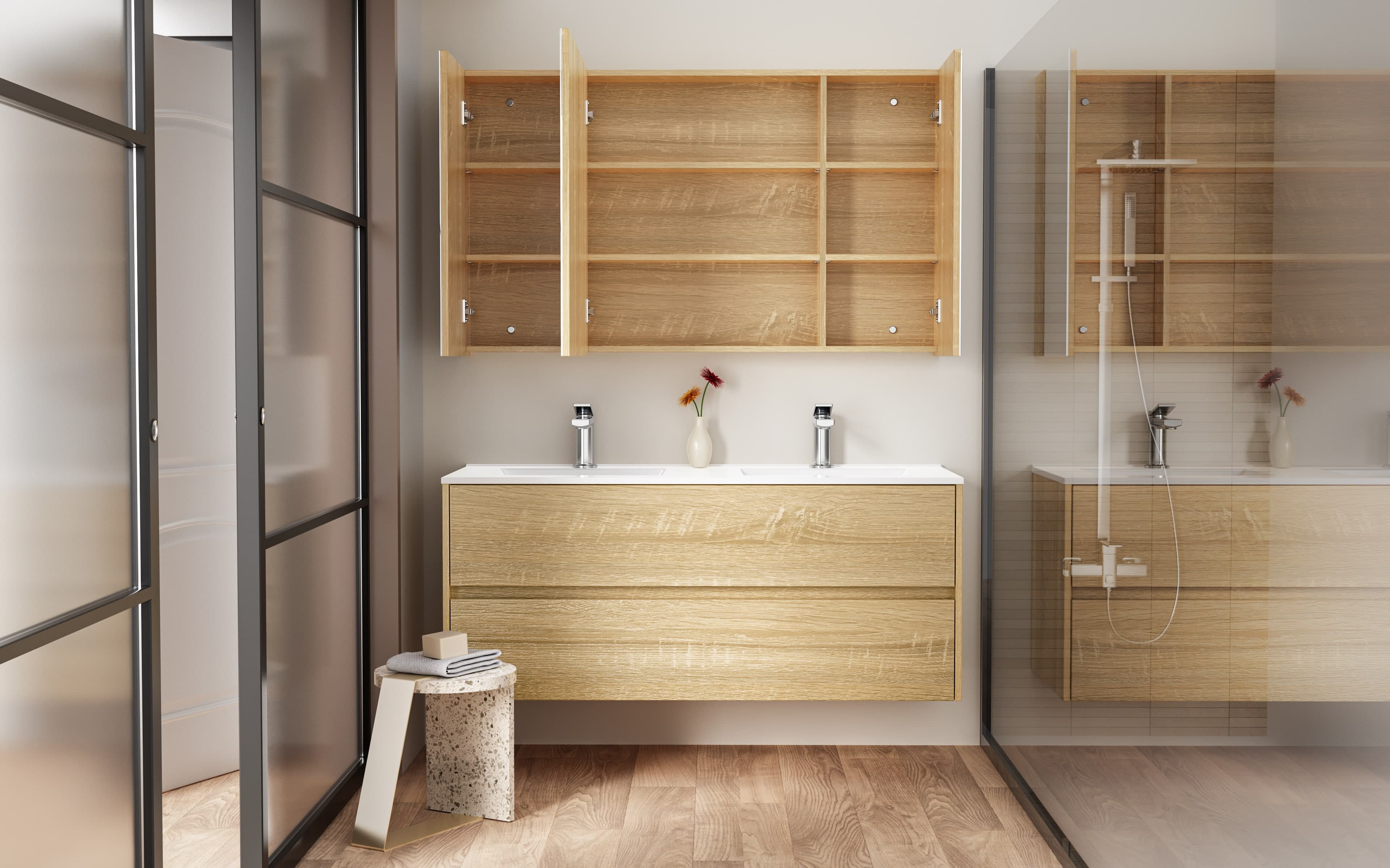 HAYAT ARMOIRE MIROIR - 3 PORTES MIROIRS ASYMÉTRIQUES, À UN SEUL CÔTÉ - 6 ÉTAGÈRES RÉGLABLES EN HAUTEUR - 120X70X15 CM - CHÊNE