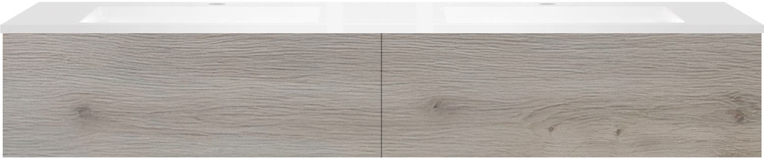 SOUS MEUBLE COFFEE 2 TIROIRS 180 CHENE ARGENT +DOUBLE LAVABO EN MARBRE SYNTHETIQUE BLANC