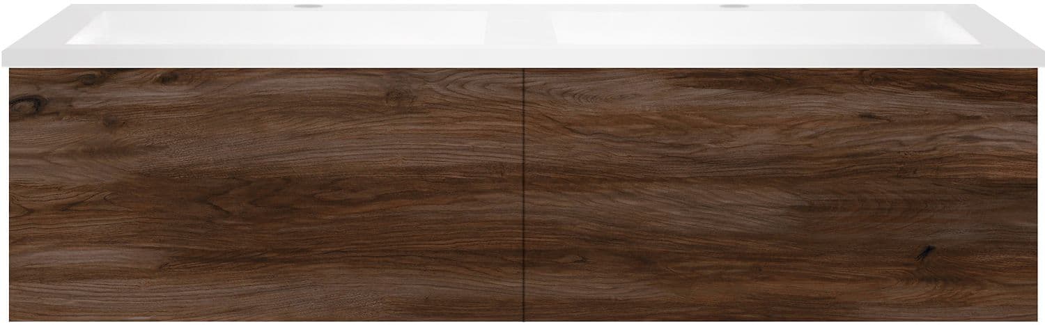 SOUS MEUBLE COFFEE 2 TIROIRS 120 DUO NOYER VELOURS +DOUBLE LAVABO EN MARBRE SYNTHETIQUE BLANC MAT