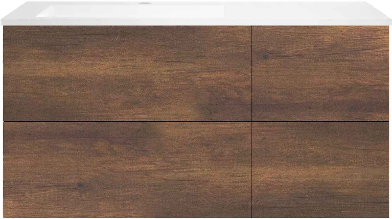 SOUS MEUBLE COFFEE 4 TIROIRS 120 CHENE ROUILLE+LAVABO GAUCHE EN MARBRE SYNTHETIQUE BLANC MAT