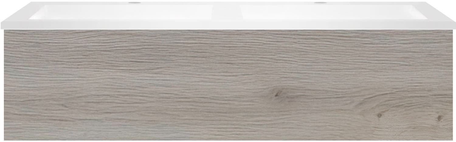 SOUS MEUBLE COFFEE 1 TIROIR 120 DUO CHENE ARGENT + LAVABO DOUBLE EN MARBRE SYNTHETIQUE BLANC MAT