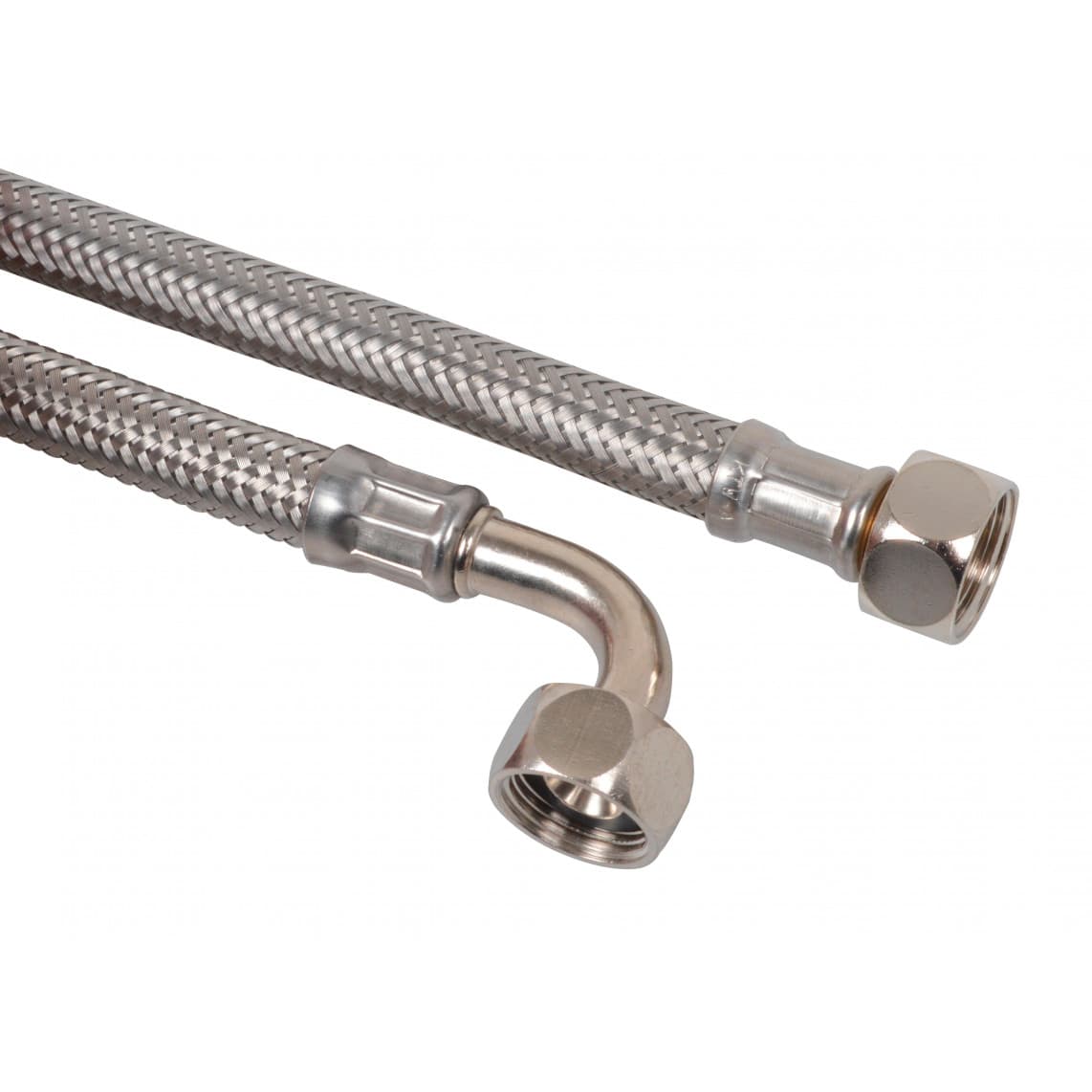 98628405 Tuyau de raccordement flexible pour réservoir, acier inoxydable, 3/8" F x 200 mm x 3/8" F, angle de 90° d'un côté